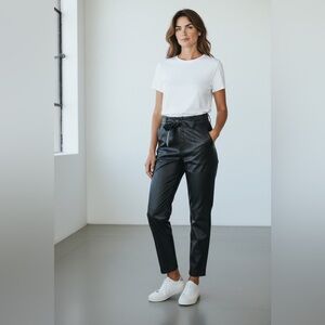 Babaton Aritzia Black Pleather Paper Bag waist with belt, pockets.